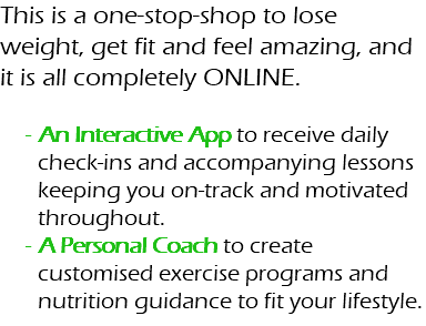 This is a one-stop-shop to lose weight, get fit and feel amazing, and it is all completely ONLINE. An Interactive App to receive daily check-ins and accompanying lessons keeping you on-track and motivated throughout. A Personal Coach to create customised exercise programs and nutrition guidance to fit your lifestyle.